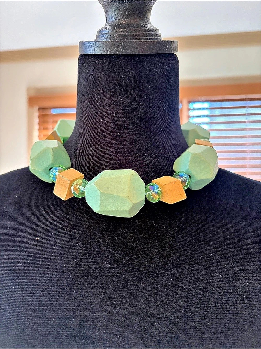 Mint Green & Yellow-Orange Necklace with Chunky Geometric Wooden Accents